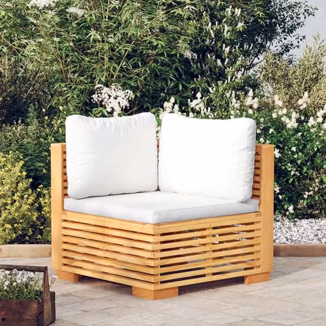 Divano Angolare da Giardino con Cuscini-Sofa da Giardino-Divanetto da esterno Crema Massello di Teak