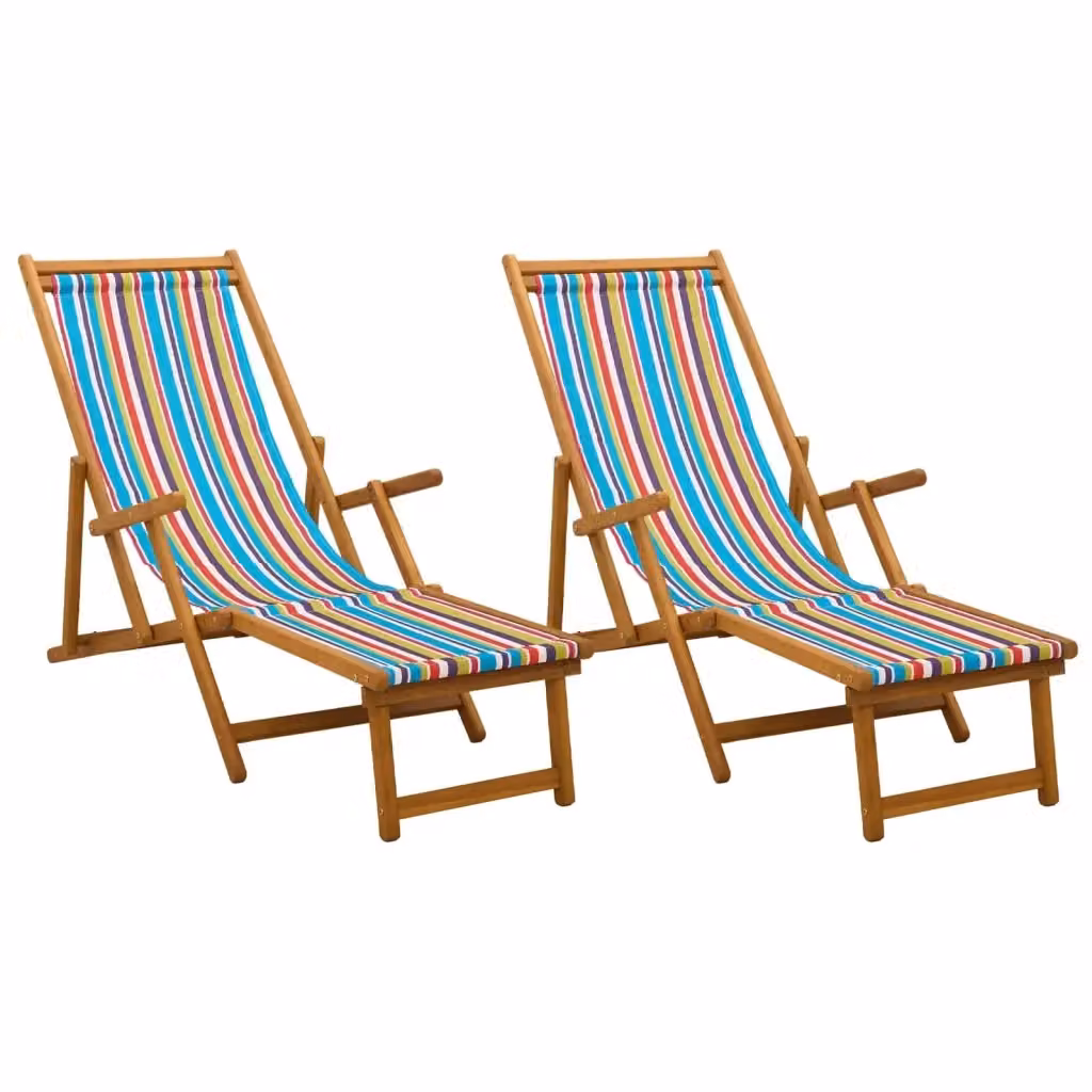 Set di 2 lettini prendisole pieghevoli vidaXL in legno trattato con tessuto multicolore a righe e poggiatesta regolabile – 2