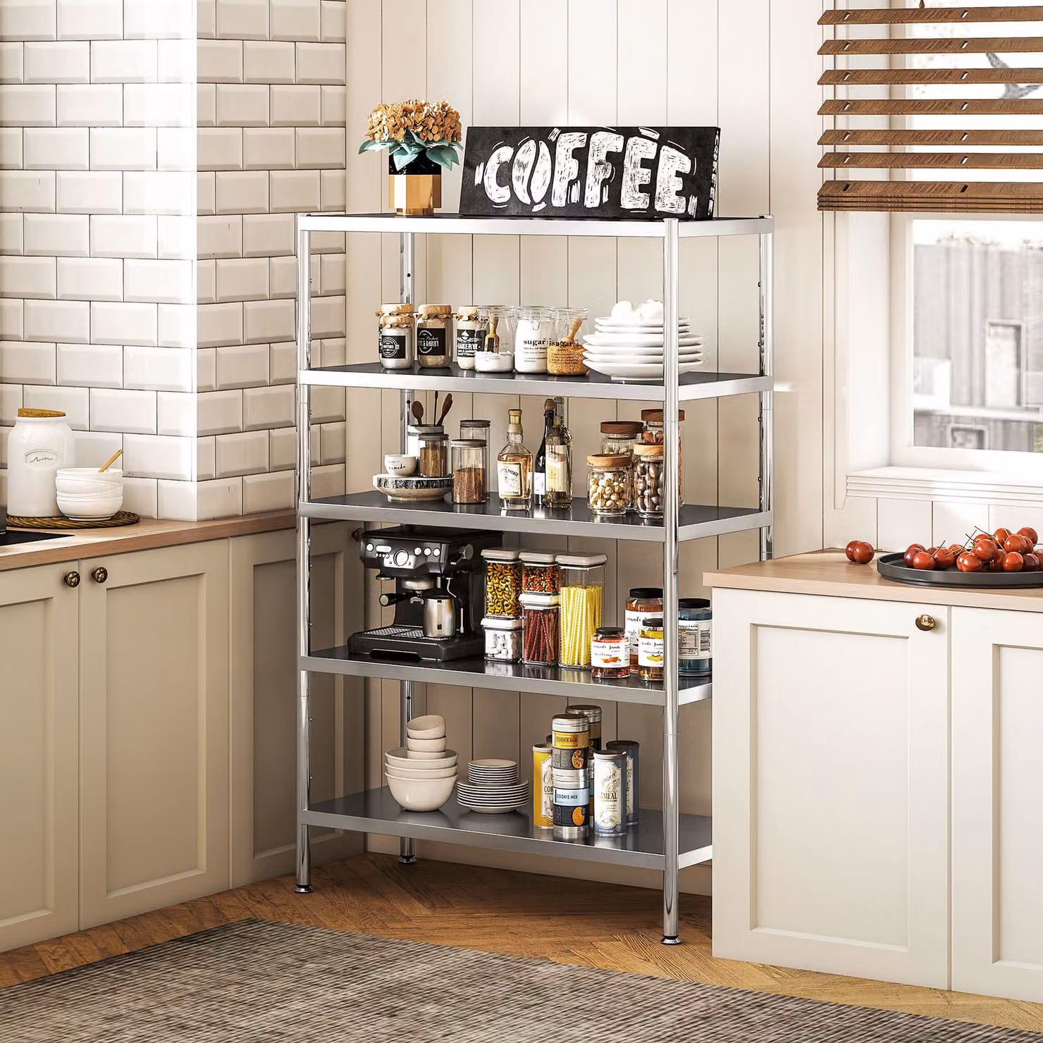 Scaffale da cucina HOMCOM a 5 livelli con ripiani regolabili in acciaio inox, Argento, L 91 cm x P 40 cm x H 139 cm – 2