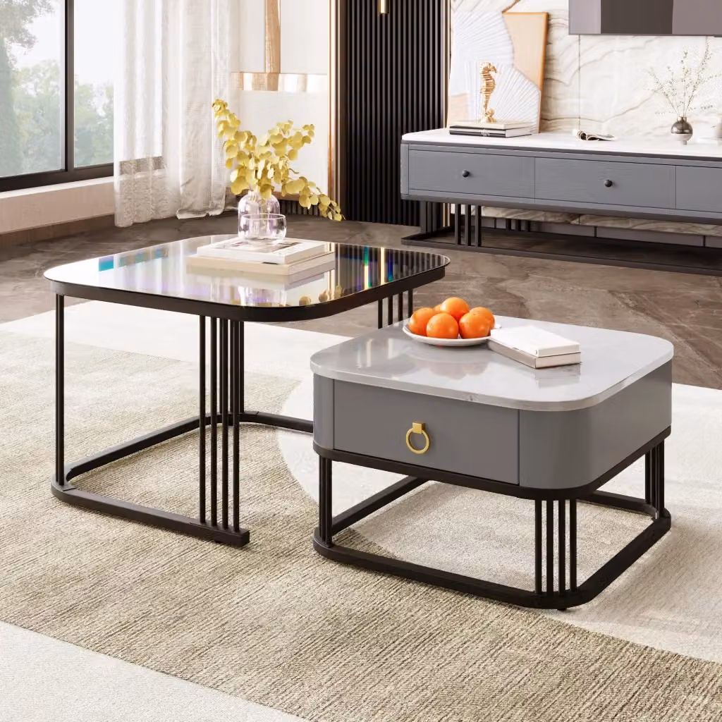 Tavolini bassi a incastro Mivray con piano in vetro e finitura effetto marmo nero e grigio – 2