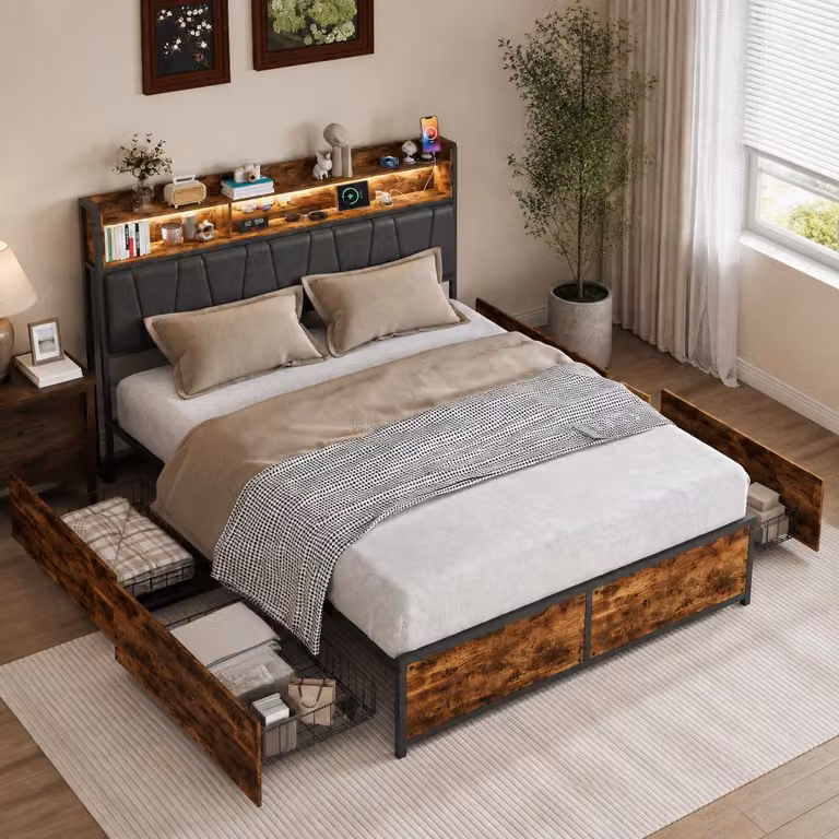 Letto imbottito INONEFT, 180x200 cm, con illuminazione LED, prese USB di tipo C e USB, letto matrimoniale in metallo con testiera, contenitore con 4 cassetti, rivestito in PU, colore nero