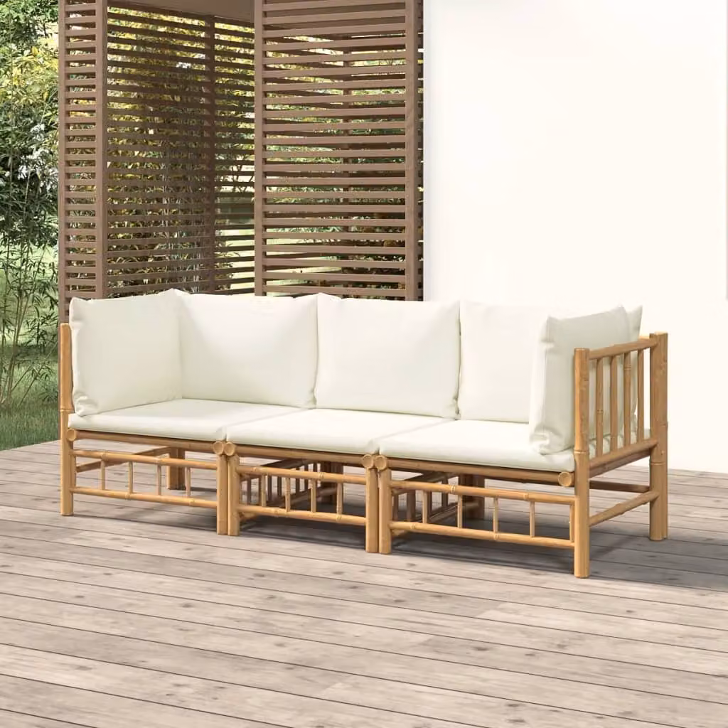 The Living Store Set da giardino a 3 pezzi con cuscini in bambù bianco crema