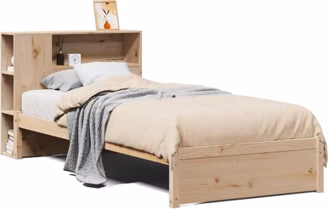 Letto singolo per adulti in legno di pino marrone con libreria e scomparti laterali senza materasso L: 190 cm, P: 81 cm, H: 82 cm