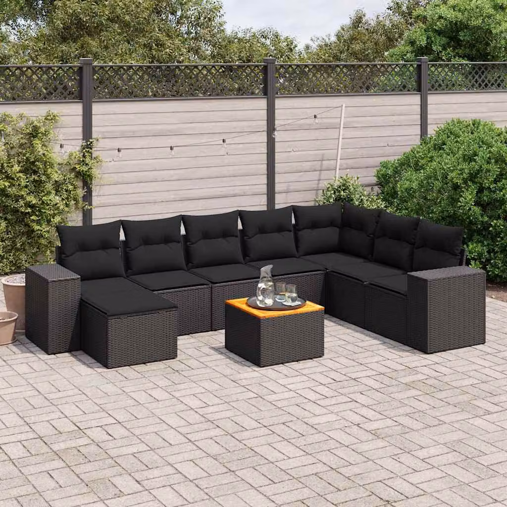 vidaXL Set Divani da Giardino 9 pz in Polyrattan Nero con Cuscini e Tavolino da Esterno – 1