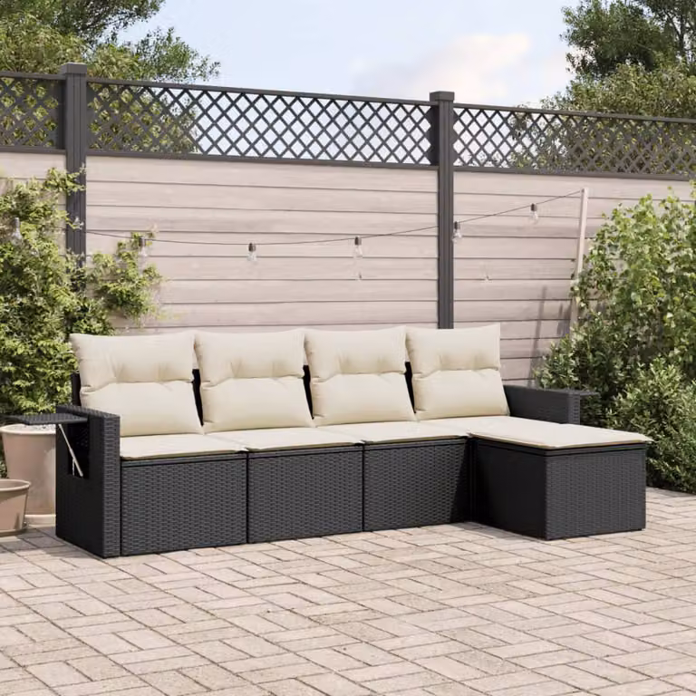 vidaXL Set Divani da Giardino 5 pz in Polyrattan Nero con Cuscini e Ottoman per Terrazza e Giardino