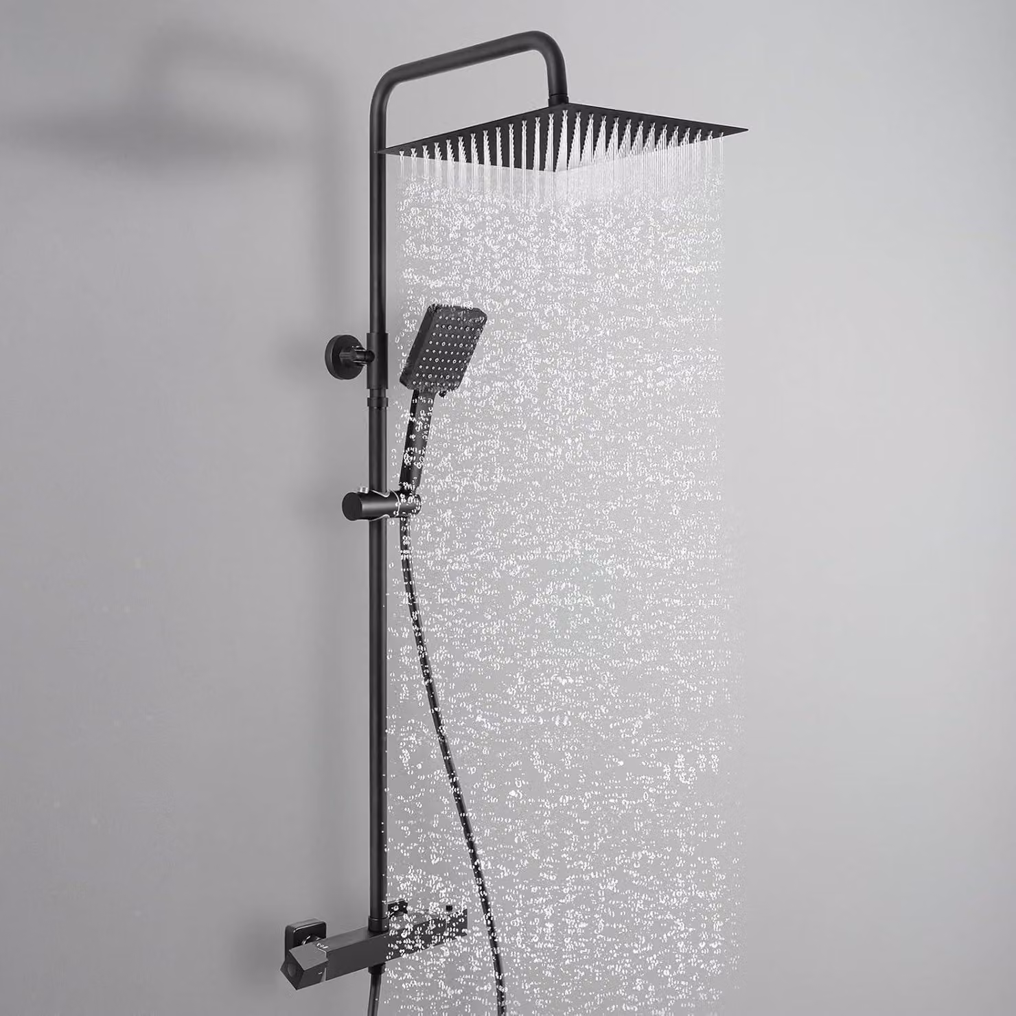 Set completo per sistema doccia termostatico, colore nero, con soffione a pioggia da 30 cm, doccetta manuale con 6 getti, barra doccia regolabile in altezza da 88 a 124 cm