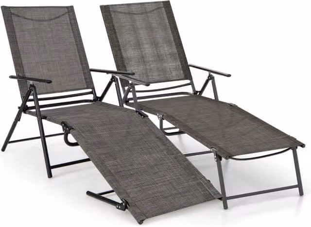 Set di 2 sedie a sdraio pieghevoli Design Mania in tessuto textilene e metallo, reclinabili con schienale a 6 livelli e poggiatesta regolabile, colore marrone e grigio – 1