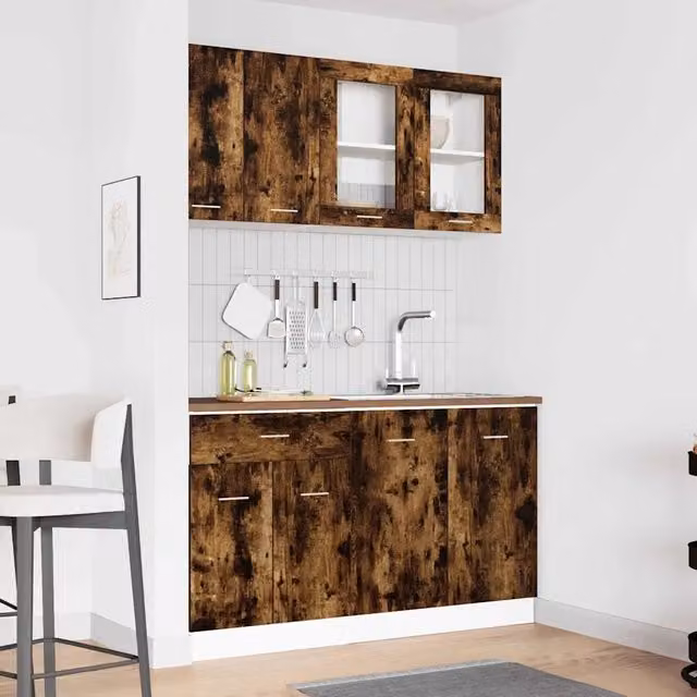 Unità Cucina Moderna vidaXL LYON 4 Pezzi in Rovere Fumo con Ante in Vetro e Ripiani Interni, Marrone, L/P/H: 81.5 x 46.0 x 74.7 cm