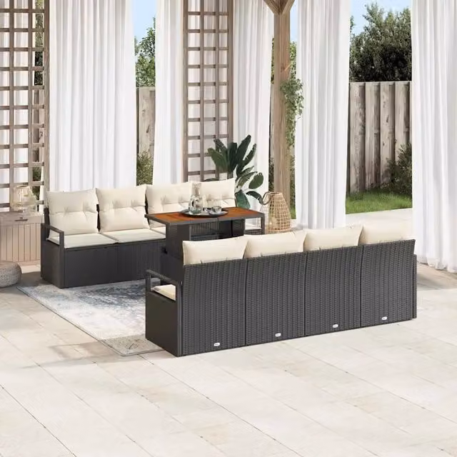 Set Divano da Giardino 9 pz 8-Numero di posti Nero e Crema 3349683