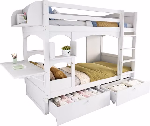 Letto a castello REDOM per bambini con scrivania pieghevole, scaffale e 2 cassetti, Bianco, 90x200 cm – 1