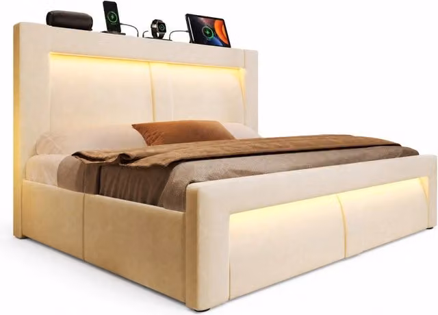 Letto matrimoniale 140x200 cm con contenitore; LED e porte USB; in velluto beige