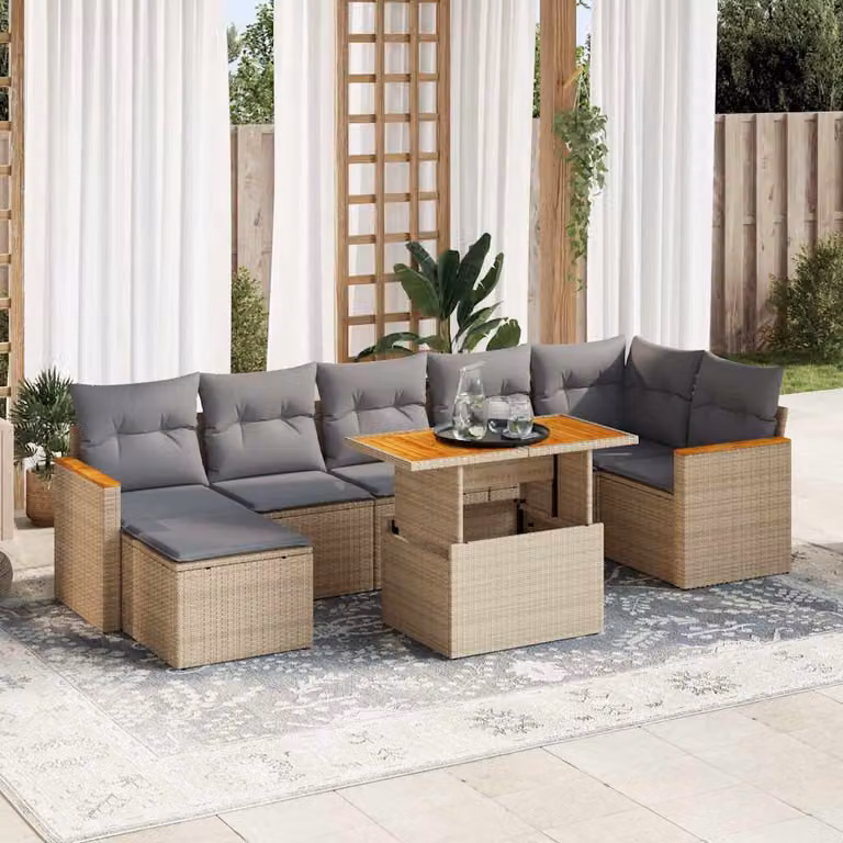 Set Divano da Giardino vidaXL 8 pz in Polyrattan e Legno di Acacia con Cuscini Beige e Grigio