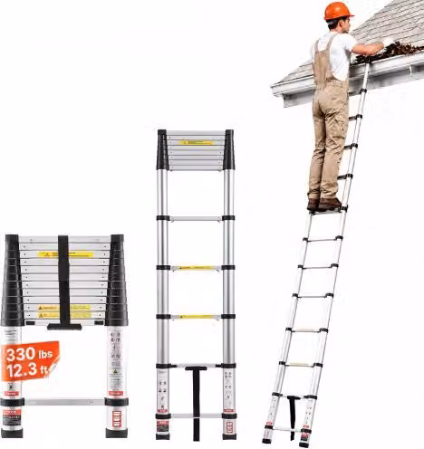 Scala Telescopica VEVOR in Alluminio Argento, Estensibile e Pieghevole, Capacità di Carico 150 kg con Piedini Antiscivolo, Altezza 3,8 m