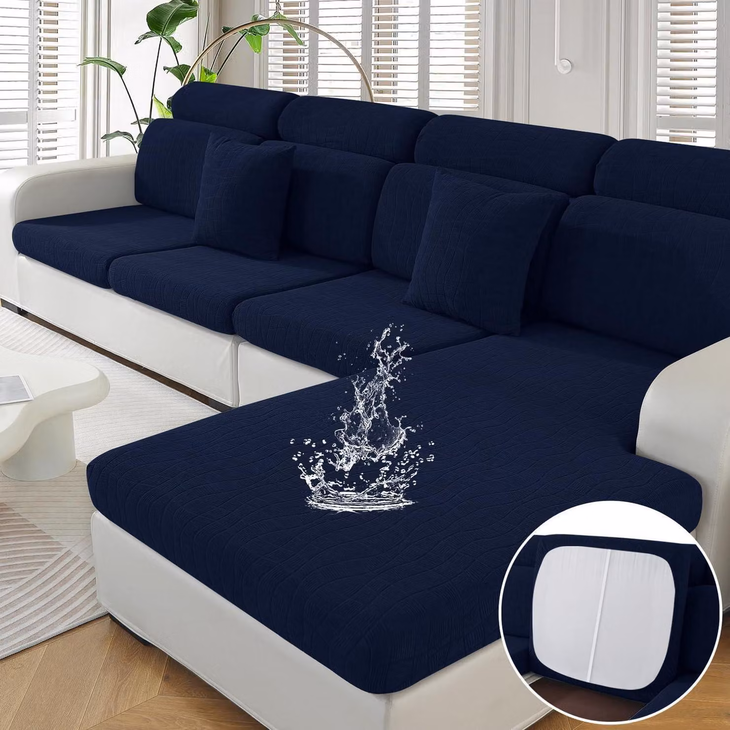 Copertura per cuscino da seduta, elasticizzata, impermeabile, universale, blu scuro, adatta per 1 posto, divani a 3 posti e chaise-longue