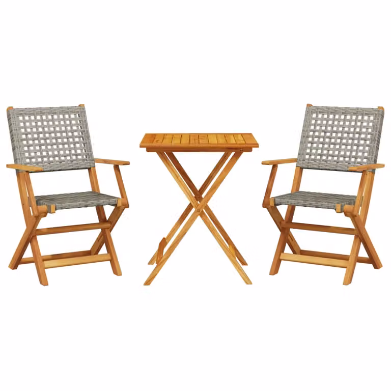 Set da Bistrot 3 pz Grigio in Polyrattan e Legno Massello
