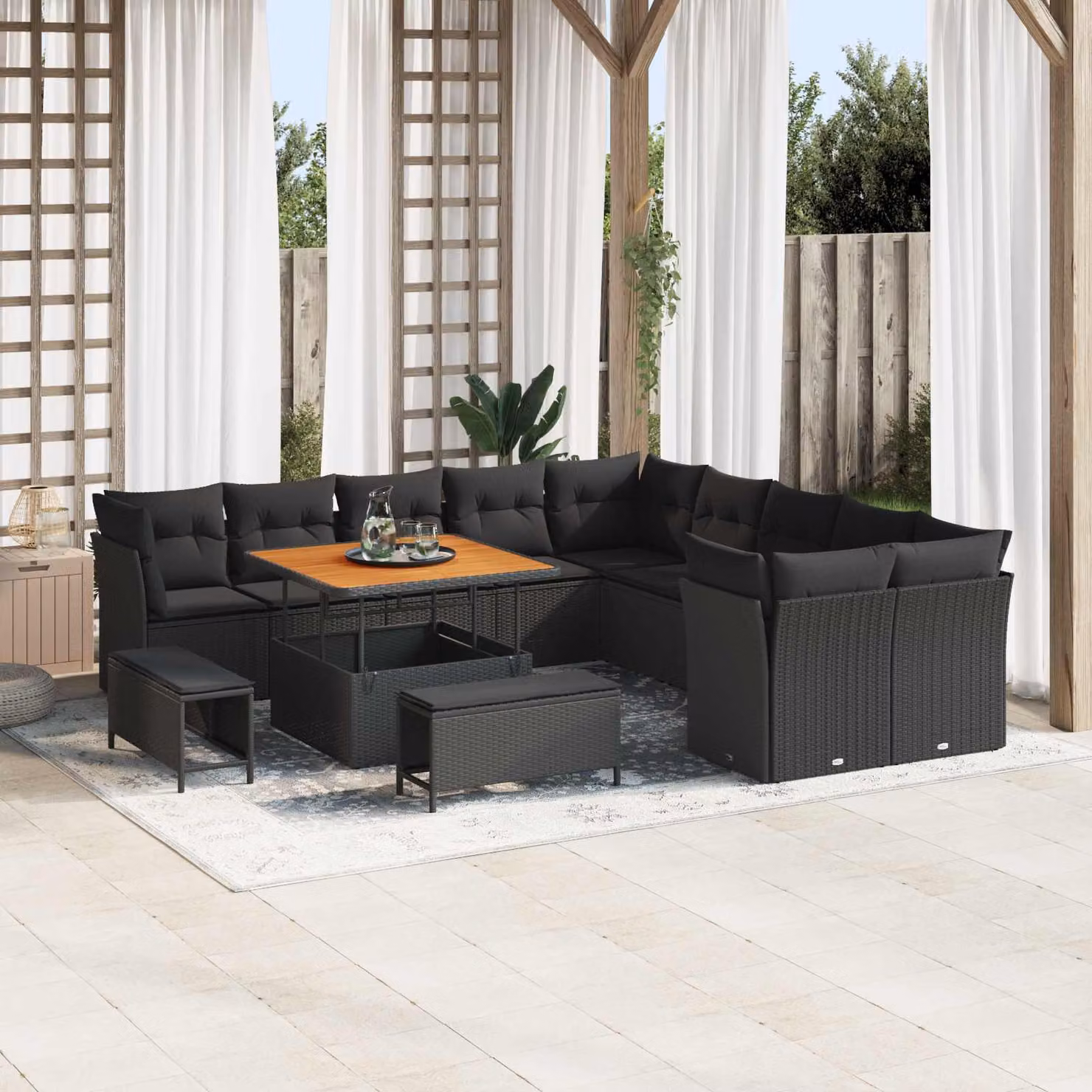 Set Divano da Giardino vidaXL a forma a U in Polyrattan Nero con Cuscini e Tavolino da Esterno 13 Pezzi