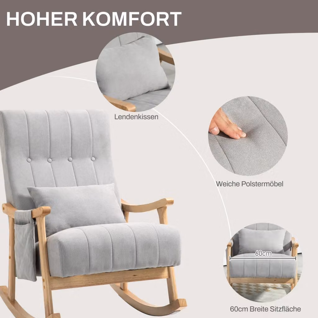 Sedia a dondolo Chicfurn con cuscino lombare e tasche laterali in poliestere grigio – 2