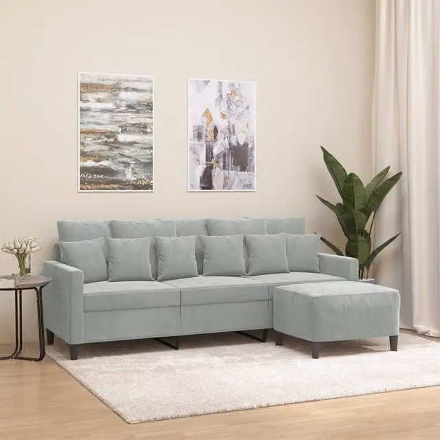 Divano a 3 posti moderno vidaXL in velluto grigio con poggiapiedi coordinato L: 198 cm, P: 80 cm, H: 77 cm
