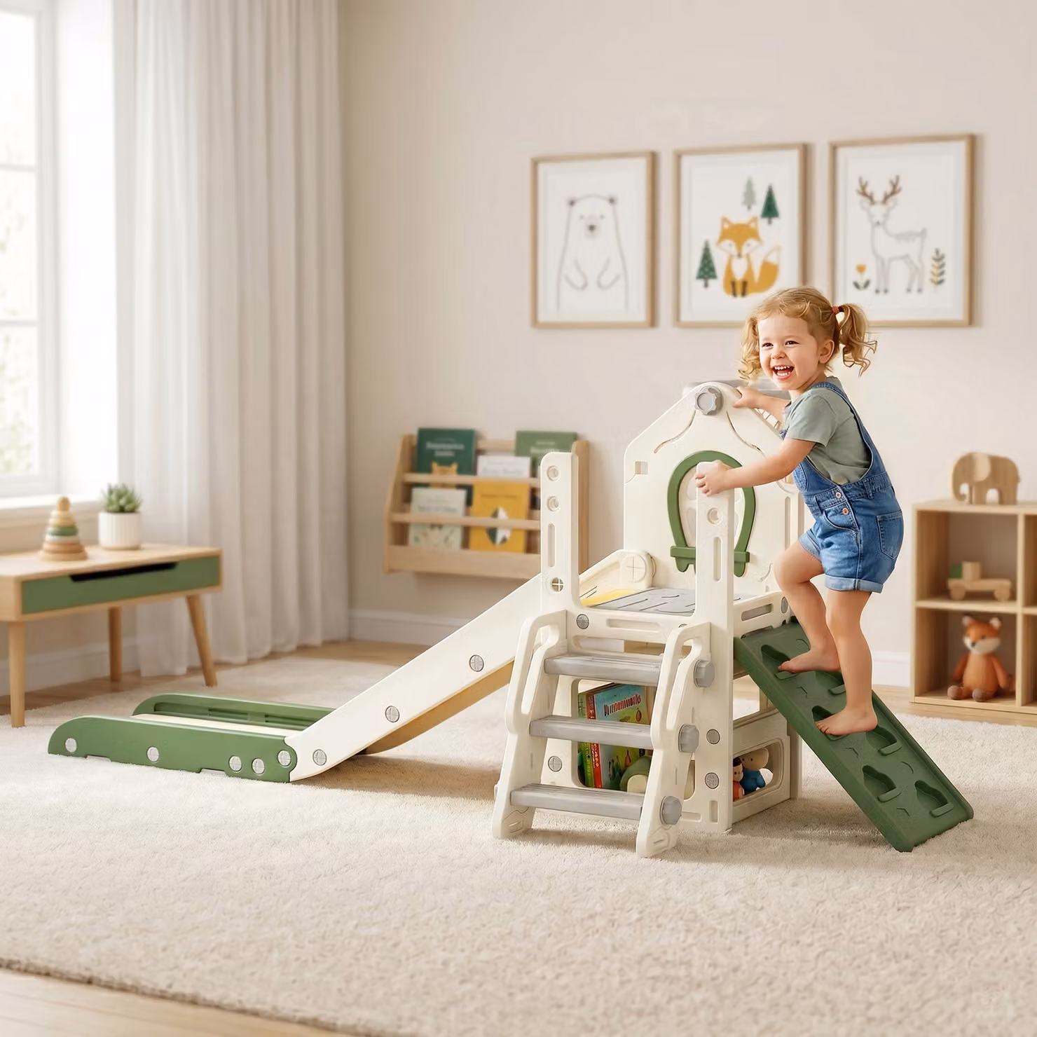 Scivolo per bambini AIYAPLAY con arrampicata, canestro e spazio portaoggetti, colore crema e beige – 2
