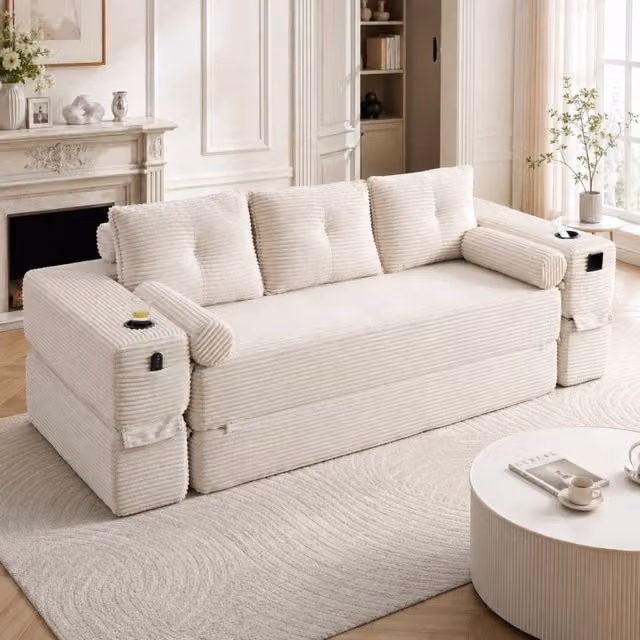 Divano letto modulare Mivray in velluto beige con funzione notte e portabevande