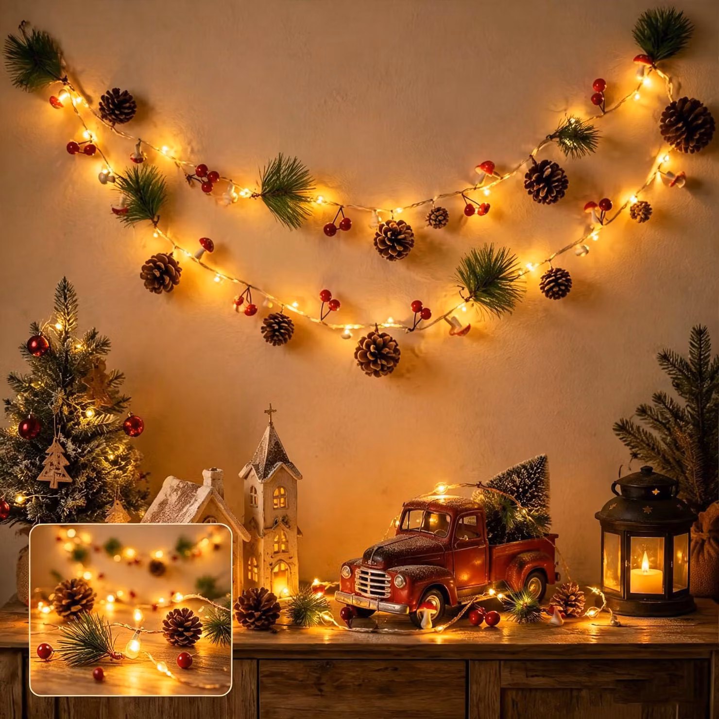 Catena luminosa a LED, lunghezza 2 metri, con 20 LED bianco caldo, decorata con pigne, alimentata a batteria