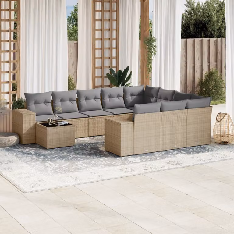 Set di divani da giardino vidaXL 11 pz con cuscini beige e tavolino in polyrattan e metallo per esterno