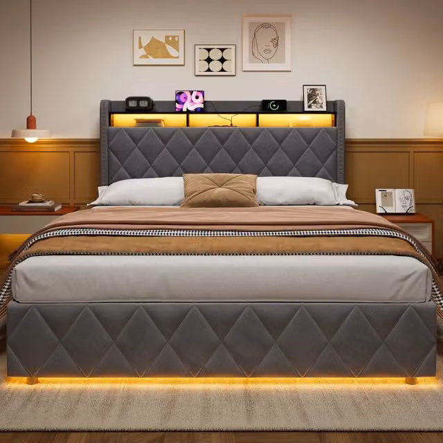 Letto matrimoniale contenitore imbottito grigio scuro 160x200 cm con LED e ricarica USB