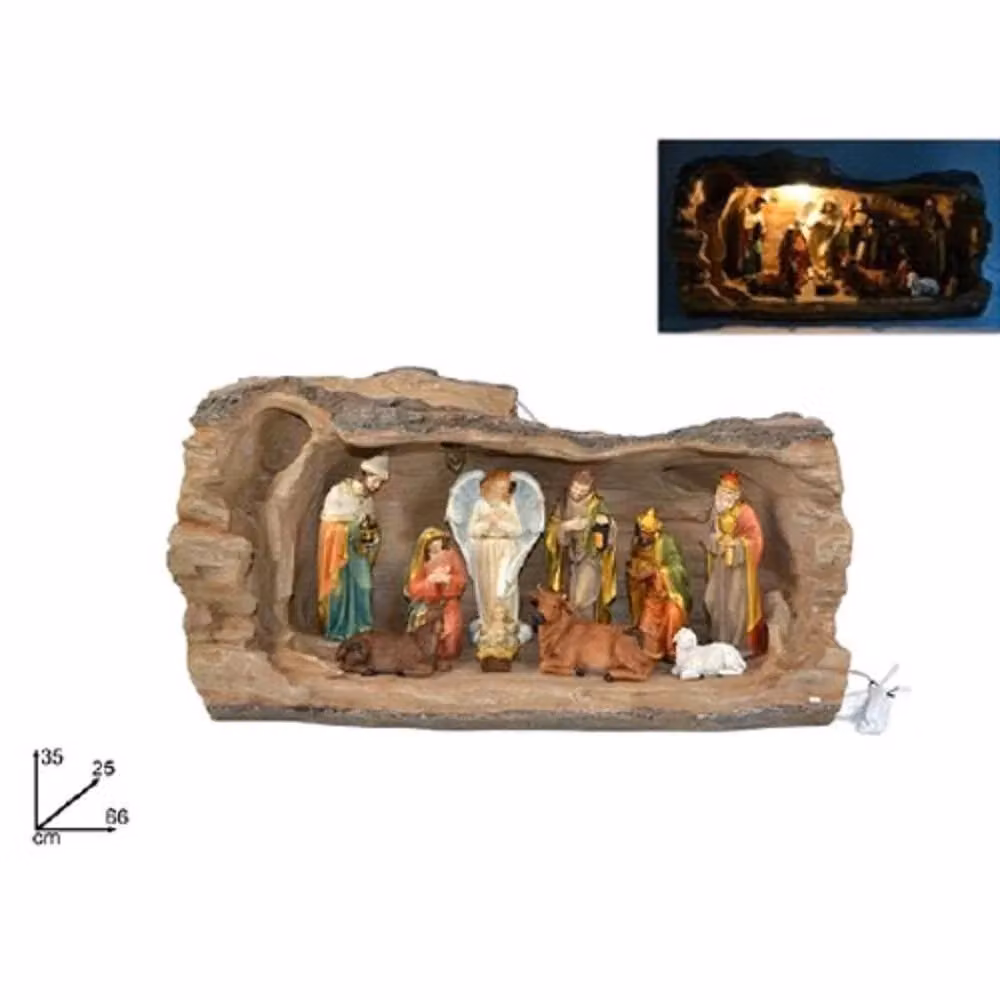Natività in resina Trade Shop con scenario tronco d'albero e luce calda multicolore per decorazioni natalizie da tavolo – 2