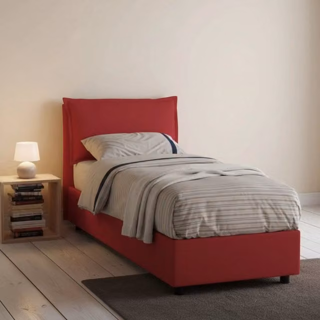 Letto singolo contenitore Ancara Talamo Italia con materasso incluso, rivestimento in tessuto rosso, L/P: 80 x 200 cm – 1