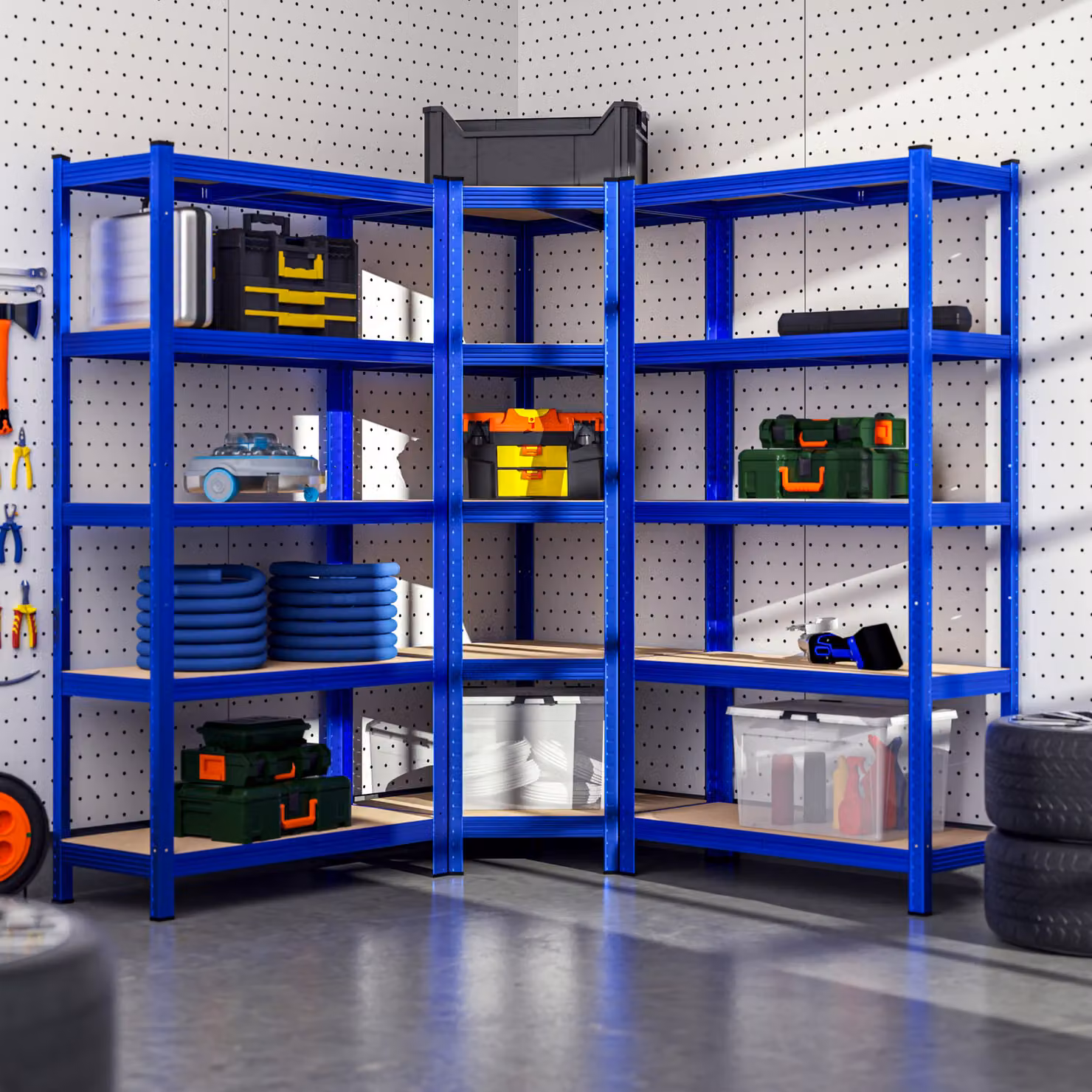 Set di 3 scaffali angolari in acciaio MONZANA blu, portata 875 kg per scaffale, H: 180 cm, L: 70 cm, P: 40 cm – 2