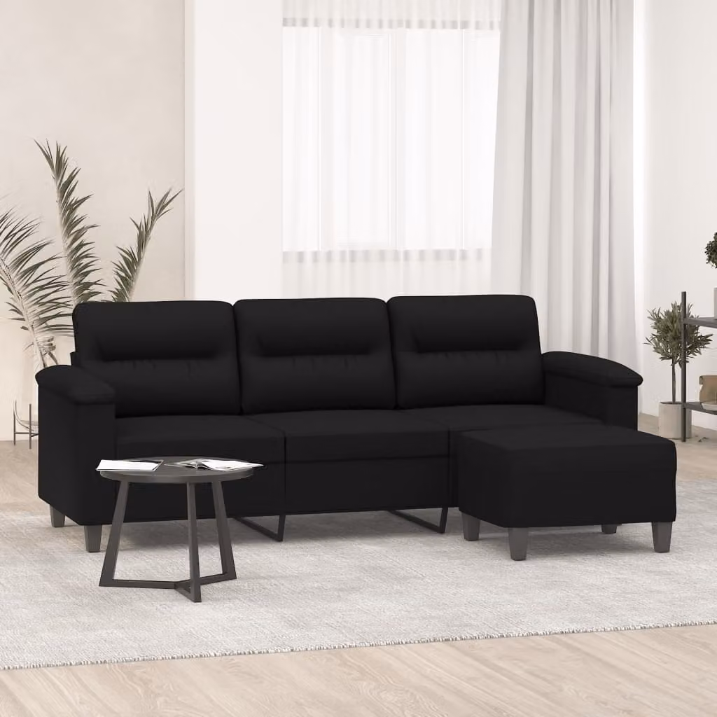 vidaXL Divano a 3 Posti Moderno con Poggiapiedi Nero in Tessuto Microfibra – 1