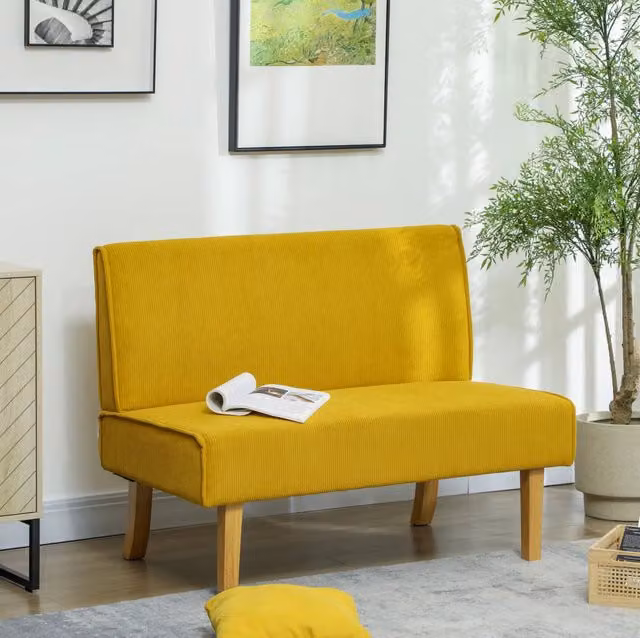 Divano 2 posti ULEVR 110x62x85 cm in poliestere giallo effetto velluto a coste, senza braccioli