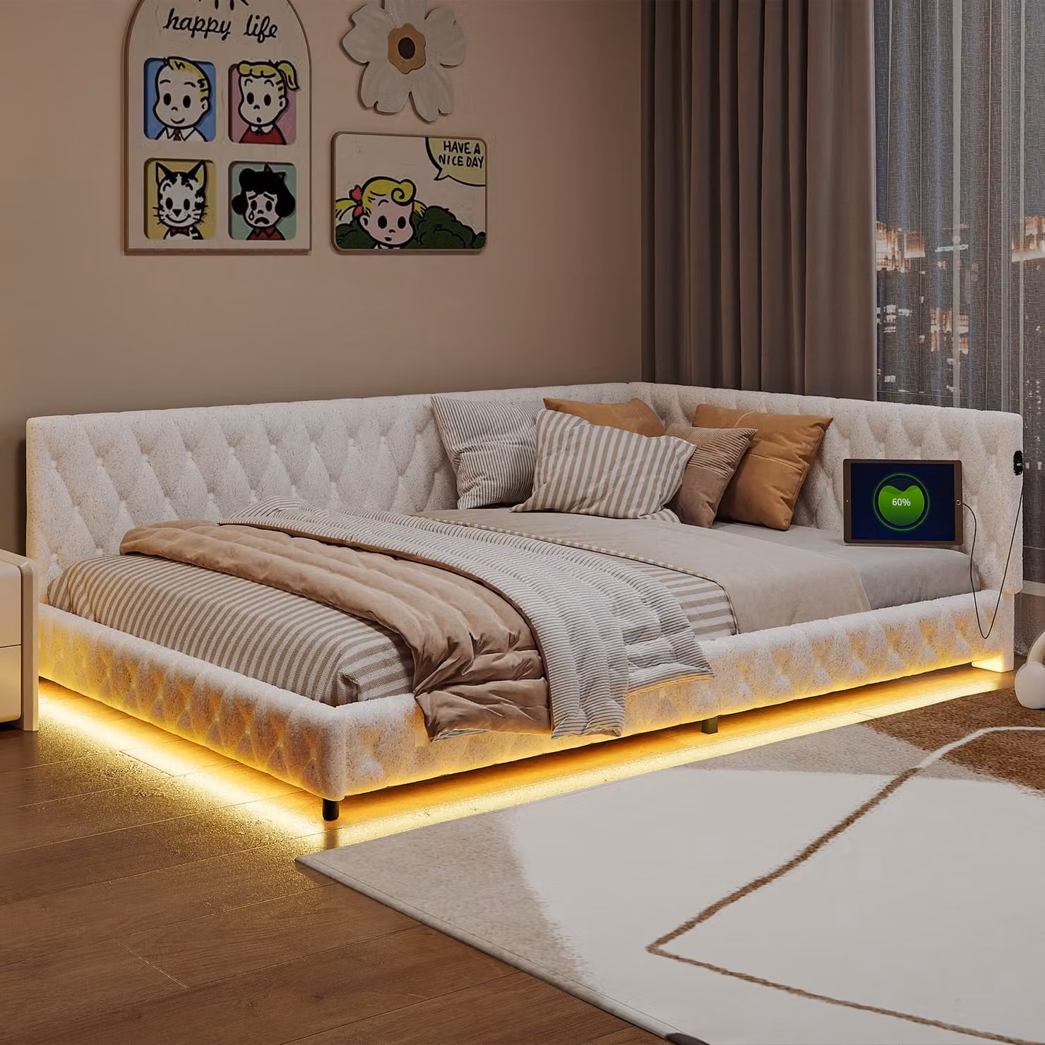 CDGlobal Letto imbottito 140x200cm con USB/tipo-c, divano letto con rete a doghe, letto da giorno per giovani con LED, letto per ospiti divano letto matrimoniale, velluto, beige