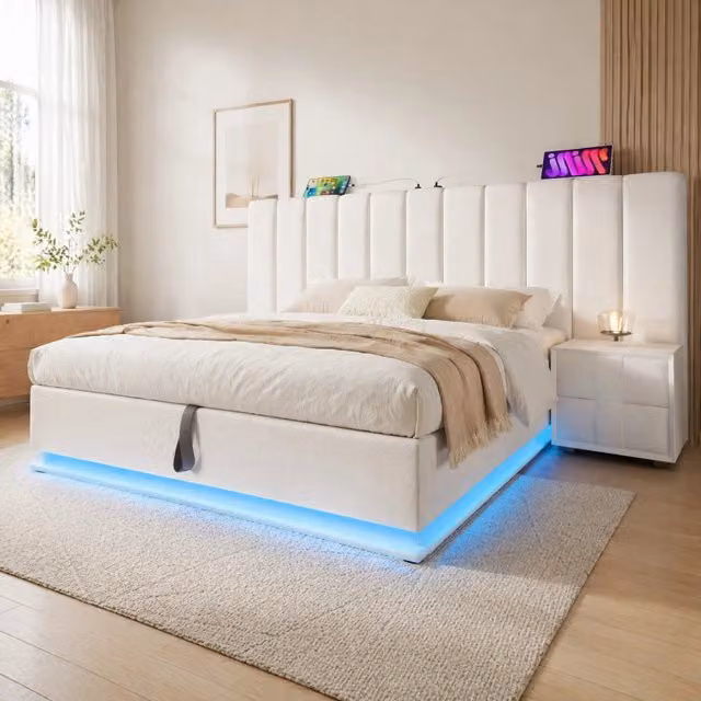 Letto contenitore 180x200 cm in PU bianco con LED, USB e Type-C