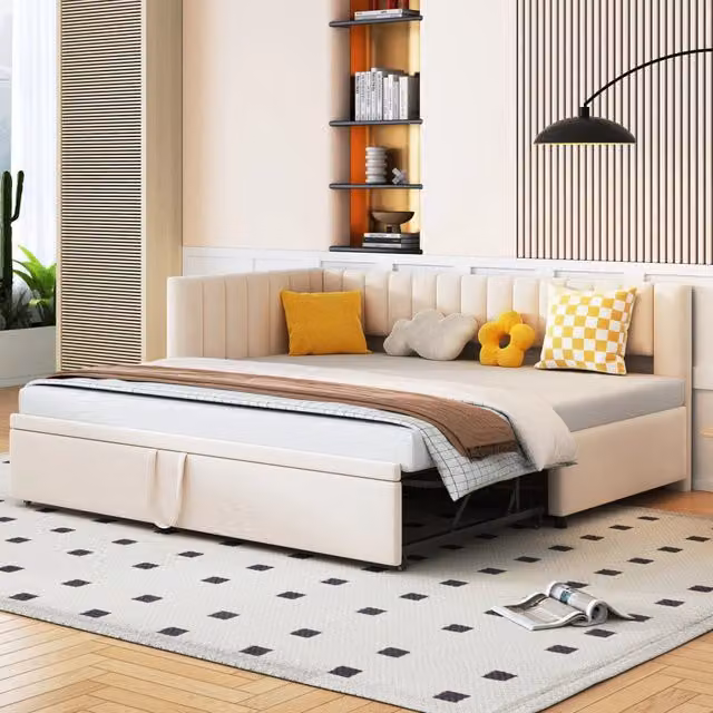 Divano letto angolare multifunzionale 90x200 cm con letto estraibile; in velluto beige