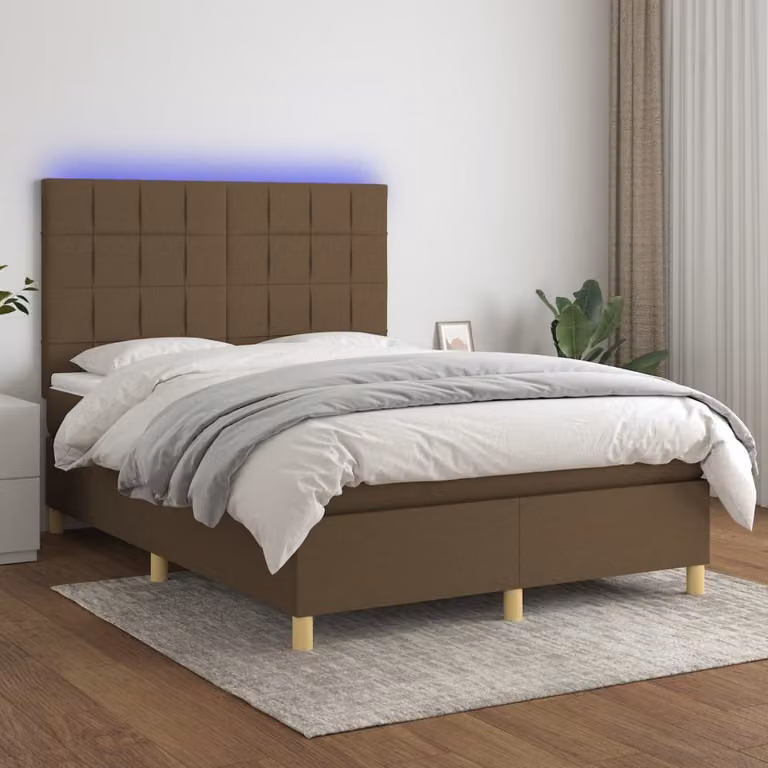 The Living Store Letto a molle con materasso e LED in tessuto marrone scuro 140x200 cm