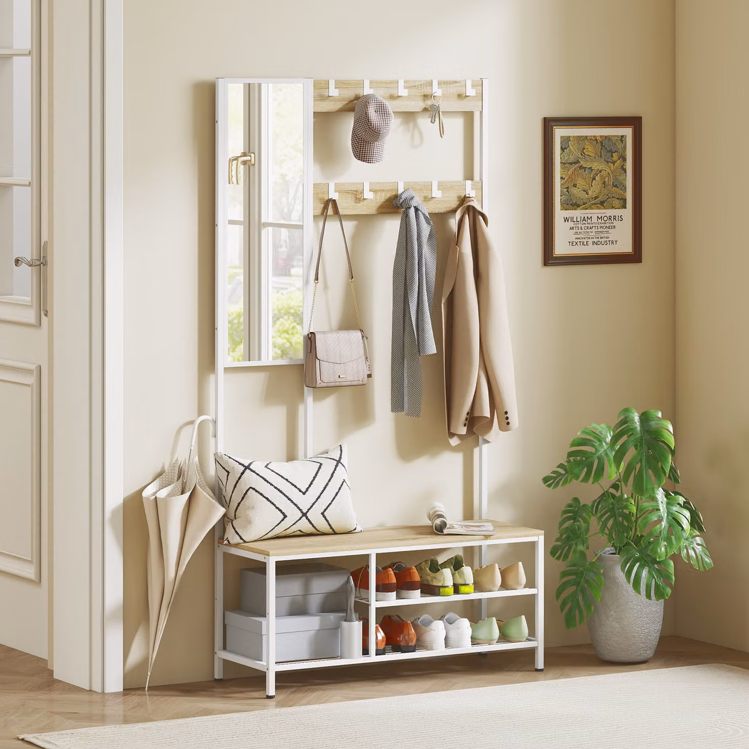 HOMCOM Appendiabiti con scarpiera, specchio e panca con 3 ripiani e 10 ganci regolabili, stile moderno, Legno naturale, L: 98 cm, P: 34 cm, H: 186 cm – 2
