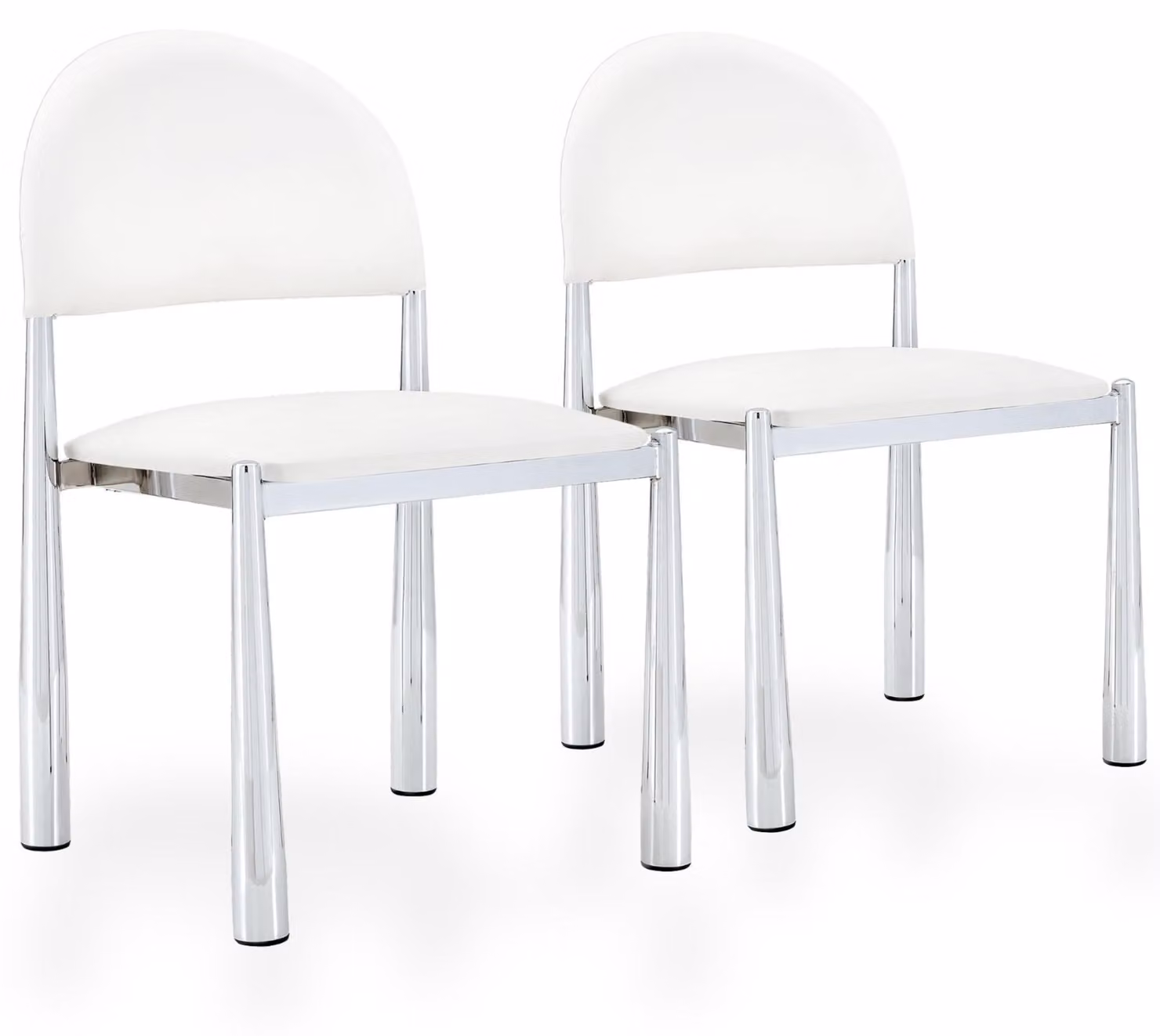 Set di 2 sedie da pranzo in ecopelle, con schienale imbottito a forma semicircolare e gambe in metallo, colore bianco/argento