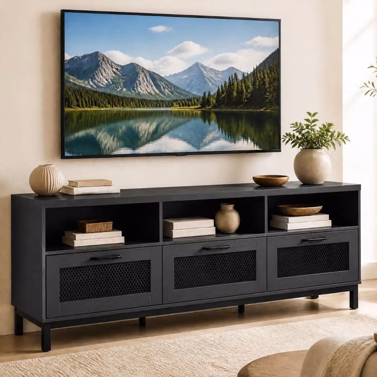 Mobile porta TV Costway Nero con 3 cassetti in rete per televisori fino a 75 pollici, L: 160 cm, P: 40 cm, H: 60 cm