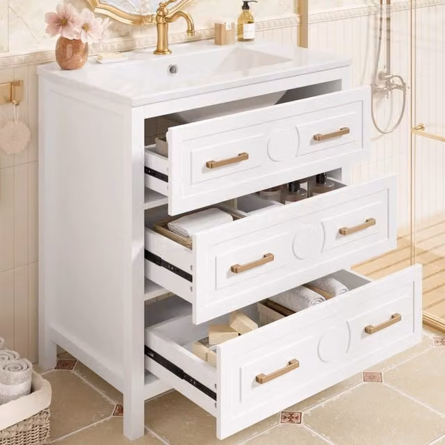 Mobile Sottolavabo Freestanding Minimal Bianco con 3 Cassetti e Lavabo in Ceramica Integrato L: 76,5 cm, P: 47 cm, H: 82 cm