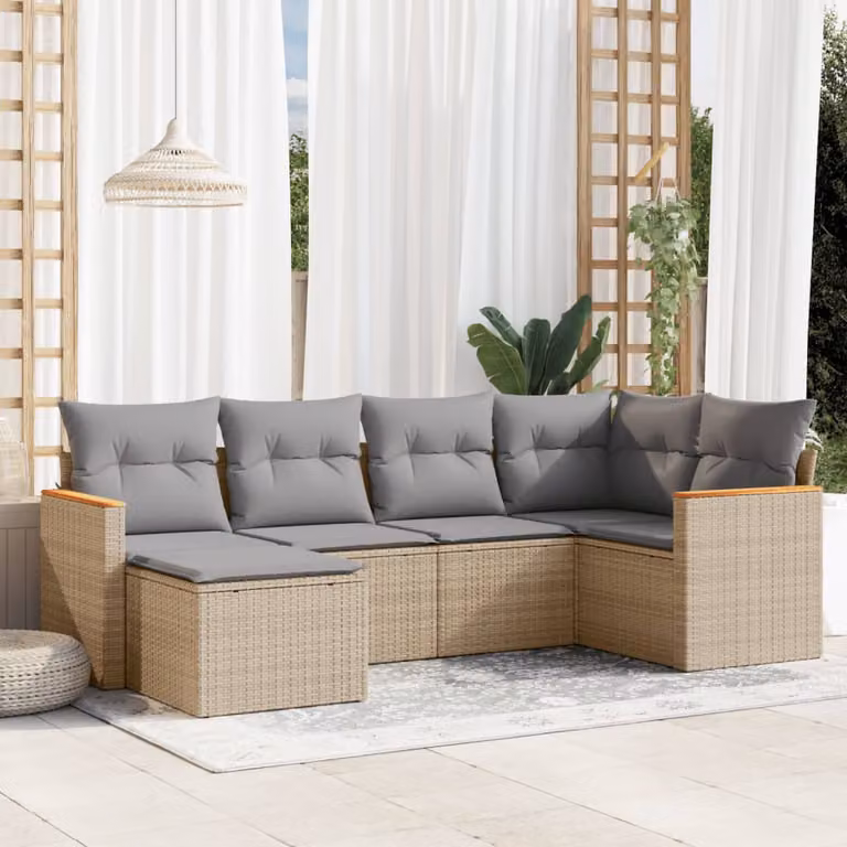 Set Divano da Giardino a L vidaXL 6 pz con Cuscini Beige e Struttura in Legno di Acacia e Metallo