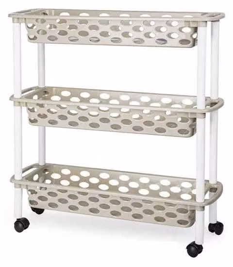 Carrello stretto con 3 cesti, ideale per cucina e bagno, in PVC, color beige, dimensioni 18 x 61 x 58 cm