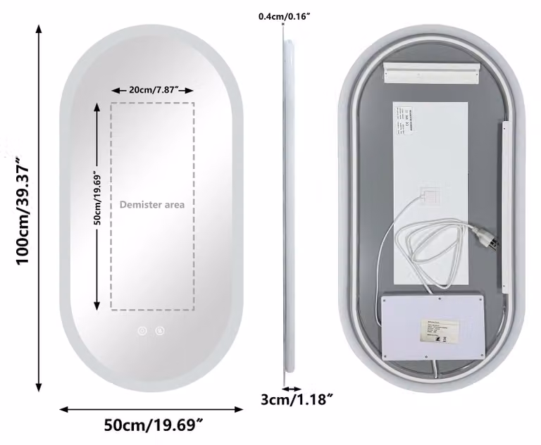 Specchio da bagno a LED - Specchio a parete ovale illuminato - Con dimmer, antiappannamento, senza cornice - Specchio per il trucco 100x50 cm