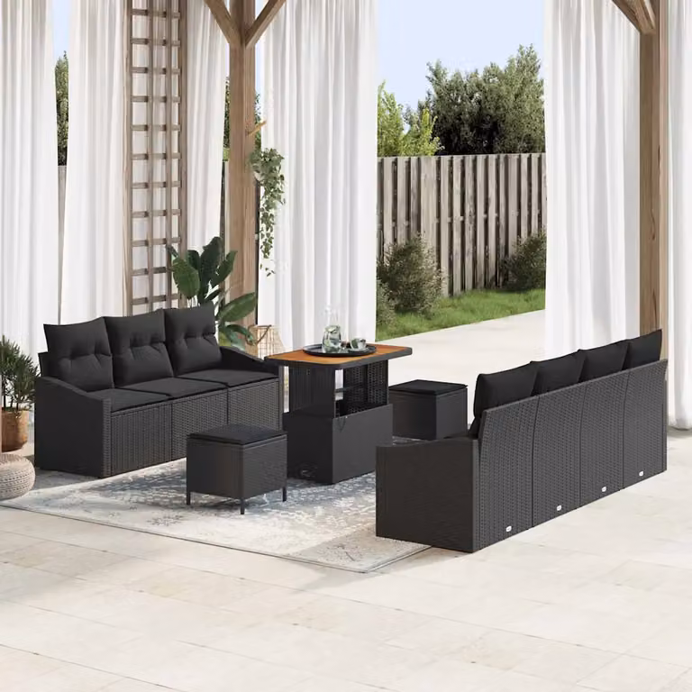 Set Divano da Giardino vidaXL 10 Pezzi con Cuscini e Tavolino Nero