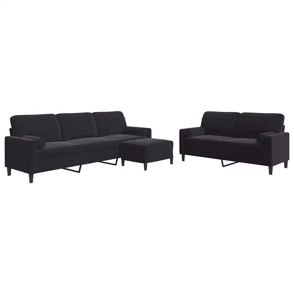 Set di divani moderno vidaXL in velluto nero composto da divano a 3 posti, divano a 2 posti e pouf con cuscini e struttura in metallo – 2