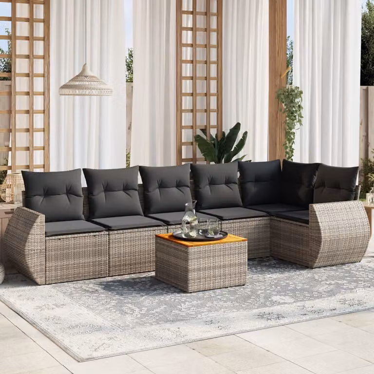Set di divani da giardino vidaXL in polyrattan grigio con cuscini, tavolo da esterno e sedute a forma di L
