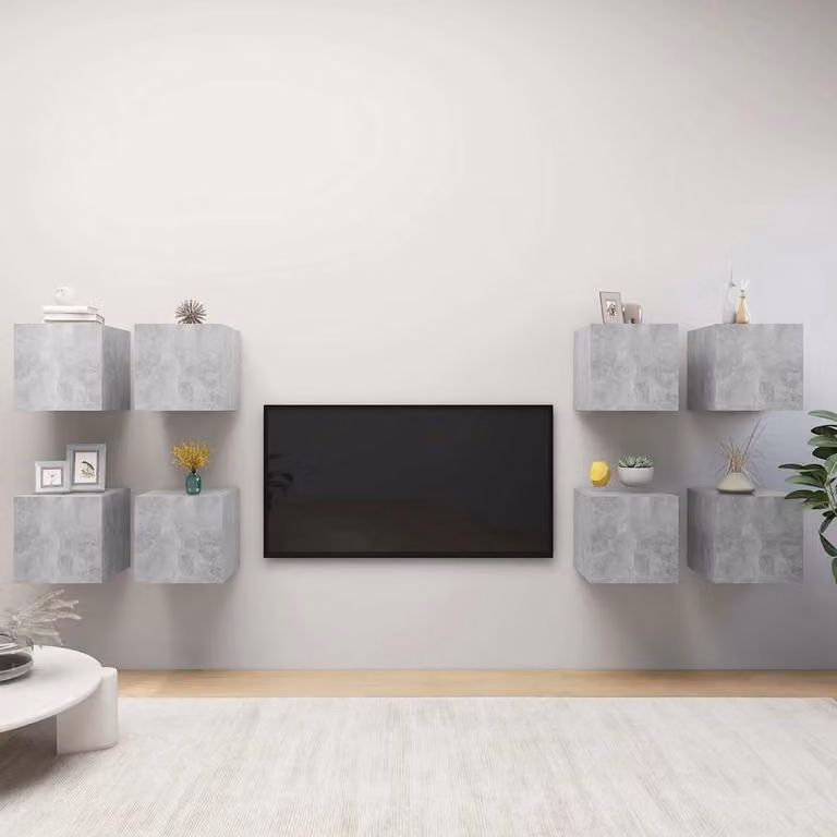 Set di 8 mobili porta TV da parete vidaXL in stile moderno, colore grigio cemento, L/P/H: 30,5 x 30 x 30 cm