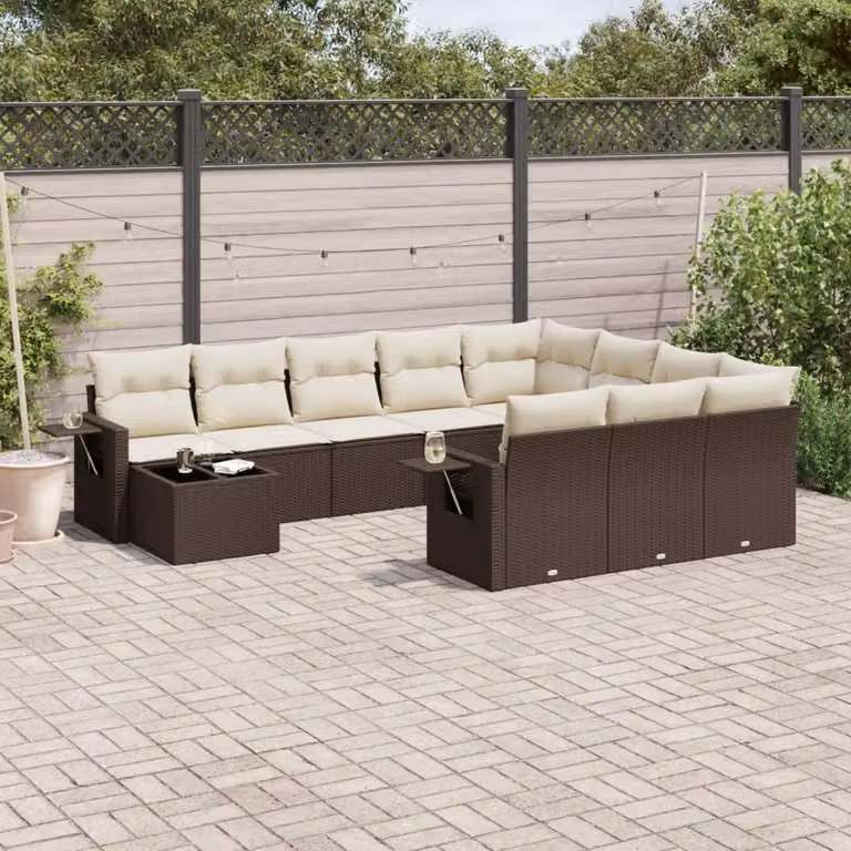 Set di divani da giardino vidaXL 11 pz in polyrattan marrone con cuscini bianchi e tavolino da esterno