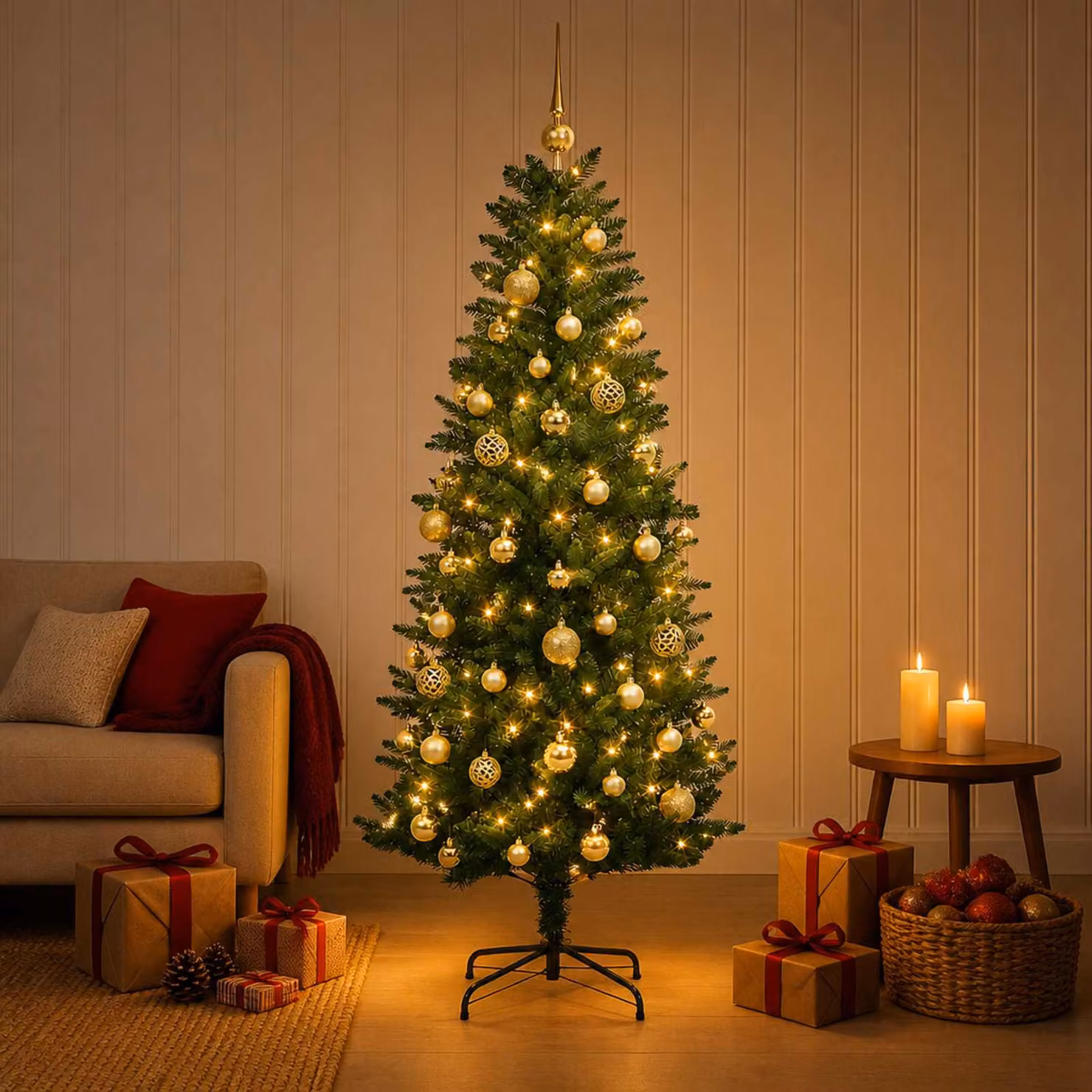 Albero di Natale artificiale verde vidaXL con 150 LED luce bianca calda e decorazioni moderne