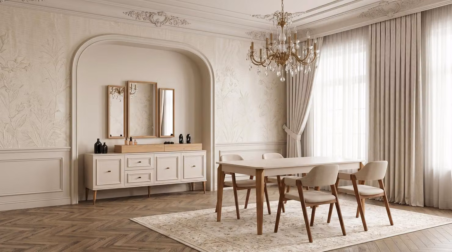 Set per sala da pranzo moderno, color beige, composto da: quattro sedie eleganti, un mobiletto contenitore e uno specchio